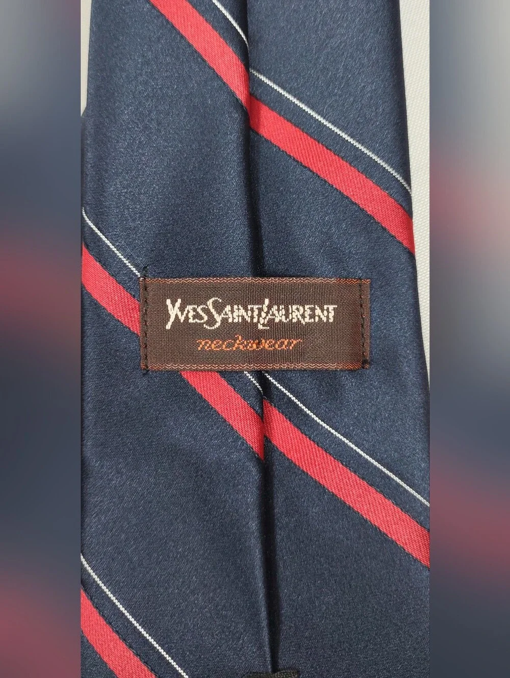 Yves Saint Laurent Vintage YSL Men’s Silk Tie Navy Red Striped Short Necktie